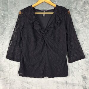 Womens Top Medium Black Whimsigoth Floral Lace Sheer Ruffle Dark Romantic Goth